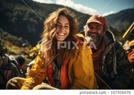 Portrait of happy young couple in the mountains against the backdrop of a tent camp. Caucasian family in bright outwear is engaged in a mountain hike. Active lifestyle, tourism and vacation concept. Portrait of happy young couple in the mountains against the backdrop of a tent camp. Caucasian family in bright outwear is engaged in a mountain hike. Active lifestyle, tourism and vacation concept. 107936076