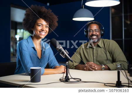 Happy smiling multiethnic blogger couple hosting a podcast in the studio. Cheerful woman and man wearing headphones sit at a table with microphones and chatting cheerfully. Modern media technologies. Happy smiling multiethnic blogger couple hosting a podcast in the studio. Cheerful woman and man wearing headphones sit at a table with microphones and chatting cheerfully. Modern media technologies. 107936163