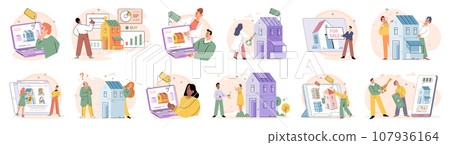 Real estate search. Vector illustration Buyers were excited to buy new home met their criteria Renting and investing in house allowed individuals to diversify their investment portfolio The mortgage Real estate search. Vector illustration Buyers were excited to buy new home met their criteria Renting and investing in house allowed individuals to diversify their investment portfolio The mortgage 107936164