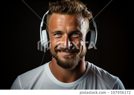 Close-up portrait of handsome middle-aged man in T-shirt wearing white headphones. Mature hipster with stylish haircut and beard listening to music and smiling happily. Isolated on black background. 107936172