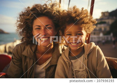 Close-up portrait of a beautiful woman and her son riding an amusement park ride. Cheerful, smiling mother and boy relaxing and enjoying time. Shared leisure and entertainment strengthens family ties. Close-up portrait of a beautiful woman and her son riding an amusement park ride. Cheerful, smiling mother and boy relaxing and enjoying time. Shared leisure and entertainment strengthens family ties. 107936193