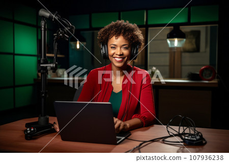 Young beautiful African American woman wearing headphones in a recording studio. Smiling black lady recording news, podcast or blog using microphone, laptop and professional studio equipment. Young beautiful African American woman wearing headphones in a recording studio. Smiling black lady recording news, podcast or blog using microphone, laptop and professional studio equipment. 107936238