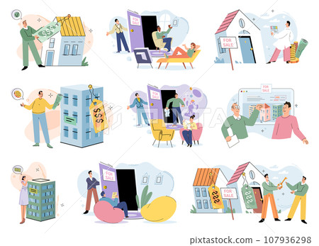 Real estate search. Vector illustration People looking for home relied on real estate search concept to narrow down choices Investing in house with mortgage provided means building equity The property Real estate search. Vector illustration People looking for home relied on real estate search concept to narrow down choices Investing in house with mortgage provided means building equity The property 107936298