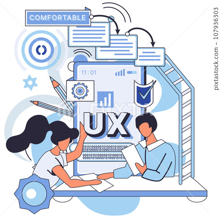User experience design. Vector illustration. UX, roadmap for smooth user interface journey Designing software, task of building compelling user interface User interface, mirror reflecting softwares 107936303