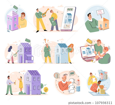 Buying and choosing housing. Vector illustration The house became cozy home for family The property had spacious backyard The real estate agent helped secure mortgage for purchase The apartment 107936311