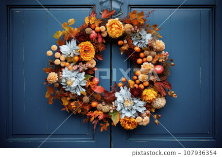 decoration of a door of a house with a round thanksgiving wreath decoration of a door of a house with a round thanksgiving wreath 107936354