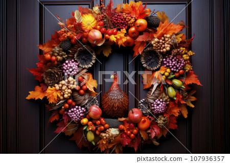 decoration of a door of a house with a round thanksgiving wreath 107936357