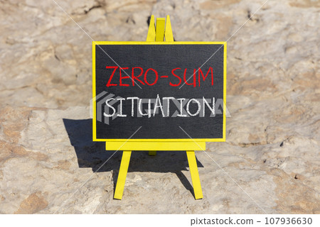 Zero-sum situation symbol. Concept words Zero-sum situation on beautiful black chalk blackboard. Chalkboard. Beautiful stone background. Business psychology zero-sum situation concept. Copy space. 107936630