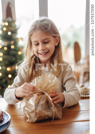 Child opens a Christmas gift. AI-generated content 107937090