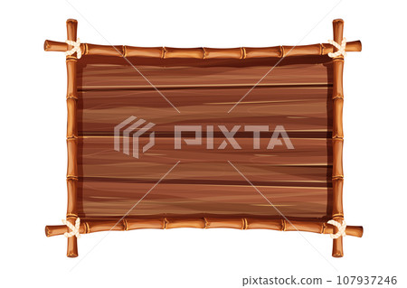 Bamboo frame from sticks and rope with wooden plank, desk in cartoon style, border isolated on white background. Tribal panel, game menu. Bamboo frame from sticks and rope with wooden plank, desk in cartoon style, border isolated on white background. Tribal panel, game menu. 107937246