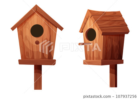Wooden bird house, place for nest, empty decoration in cartoon style textured wood object isolated on white background. Springtime decoration, hanging home. 107937256