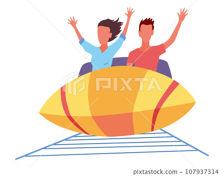 Roller coaster happy people. Rollercoaster. Friends riding in amusement park have fun positive emotion, park attractions. Young people having fun and enjoyment, cartoon vector illustration Roller coaster happy people. Rollercoaster. Friends riding in amusement park have fun positive emotion, park attractions. Young people having fun and enjoyment, cartoon vector illustration 107937314