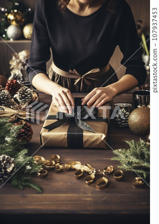 Close-up of adult person hands wrapping a Christmas gift. AI-generated content 107937453
