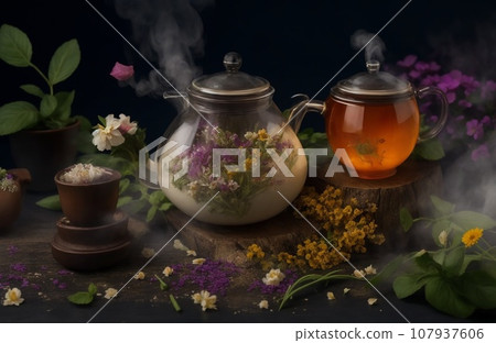 still life with tea and flowers still life with tea and flowers 107937606