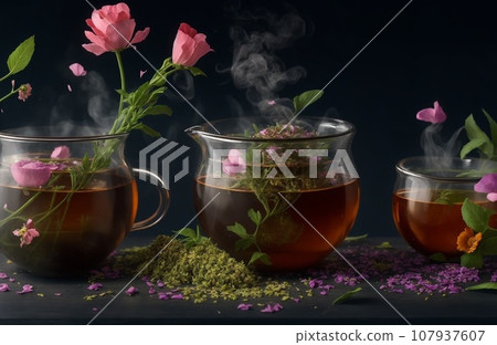still life with tea and flowers still life with tea and flowers 107937607