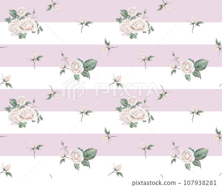 White roses seamless pattern striped. White roses arrangement. collection garden flowers, leaves. watercolor hand painting illustration on isolate white background. For wedding invitations anniversary 107938281