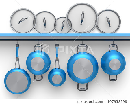 Set of stewpot, frying pan and chrome plated cookware hanging on shelf on white 107938398