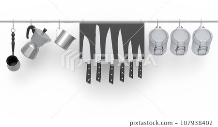 Set of kitchen utensil, stewpot, frying pan and chrome cookware hanging on shelf Set of kitchen utensil, stewpot, frying pan and chrome cookware hanging on shelf 107938402