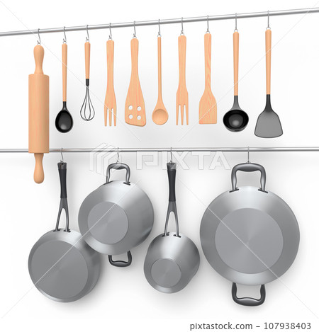 Set of kitchen utensil, stewpot, frying pan and chrome cookware hanging on shelf 107938403