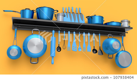 Set of kitchen utensil, stewpot, frying pan and chrome cookware hanging on shelf Set of kitchen utensil, stewpot, frying pan and chrome cookware hanging on shelf 107938404