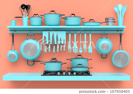 Set of kitchen utensil, stewpot, frying pan and chrome cookware hanging on shelf 107938405