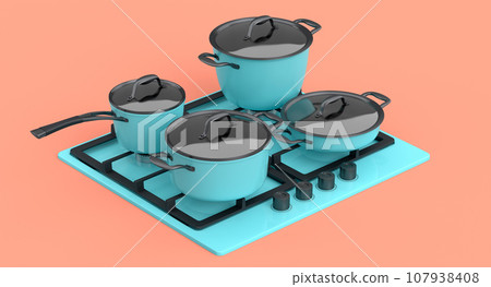 Kitchen electric stove or gas cooker with burning flames of propane gas 107938408