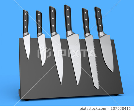Set of chef's kitchen knives and kitchen utensil hanging on shelf Set of chef's kitchen knives and kitchen utensil hanging on shelf 107938415