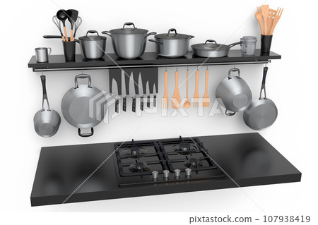 Set of kitchen utensil, stewpot, frying pan and chrome cookware hanging on shelf 107938419