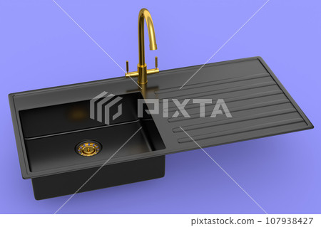 Modern kitchen sink with water tap on violet background Modern kitchen sink with water tap on violet background 107938427