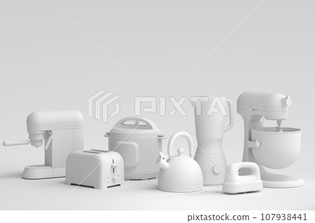 Kitchen appliances and utensils for making breakfast on monochrome background Kitchen appliances and utensils for making breakfast on monochrome background 107938441