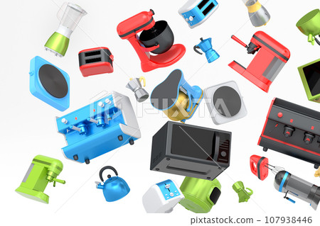 Electric kitchen appliances and utensils for making pastry on white background Electric kitchen appliances and utensils for making pastry on white background 107938446