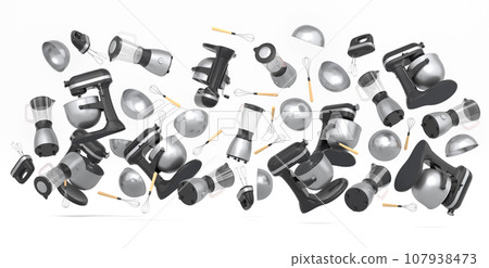 Electric kitchen appliances and utensils for making pastry on white background Electric kitchen appliances and utensils for making pastry on white background 107938473