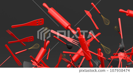 Many of flying kitchen utensils, tools and equipment on black background. 107938474