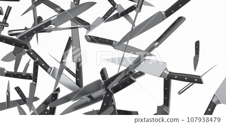 Many of flying chef's kitchen knives on white background 107938479