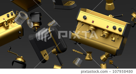 Many of flying espresso machine with horn, cups, geyser coffee maker and grinder 107938480