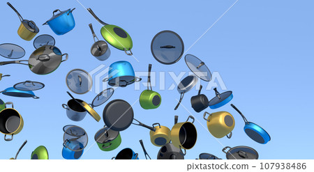 Many of flying frying pan with glass lid on blue background, non-stick 107938486