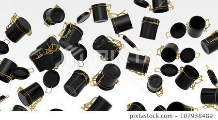 Many of flying glass jars for coffee beans isolated on white background. Many of flying glass jars for coffee beans isolated on white background. 107938489