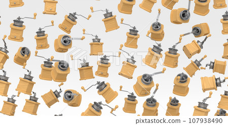 Many of flying manual wooden coffee grinder on white background. Many of flying manual wooden coffee grinder on white background. 107938490