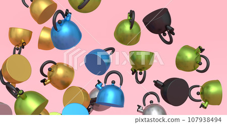 Many of flying steel stovetop kettle with whistle isolated on pink background. Many of flying steel stovetop kettle with whistle isolated on pink background. 107938494