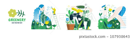Greenery, ecology -modern flat vector concept illustration of people and plants. Metaphor of environmental sustainability and protection, closeness to nature, green life, ecosystem and biosphere 107938643