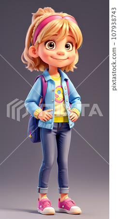 A cartoon cute girl with a backpack, go to school, 3D render, Ai Generated 107938743