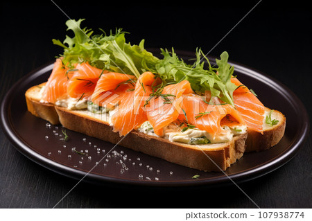 Delicious salmon toast topped with fresh arugula. Delicious salmon toast topped with fresh arugula. 107938774