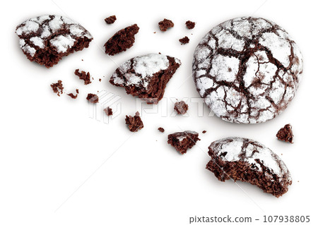 Chocolate brownie cookie isolated on white background. Top view with copy space for your text. Flat lay 107938805