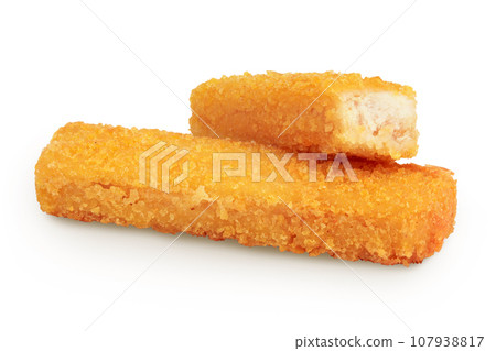 Fish finger or stick isolated on white background with full depth of field Fish finger or stick isolated on white background with full depth of field 107938817