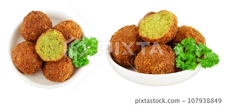 falafel on the plate isolated on white background. Top view. Flat lay. 107938849