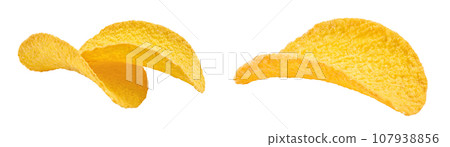 Potato chips isolated on white background with full depth of field. Potato chips isolated on white background with full depth of field. 107938856