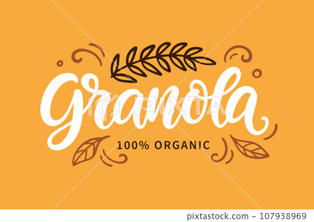Granola logo. Muesli Oatmeal breakfast lettering Granola logo. Muesli Oatmeal breakfast lettering 107938969
