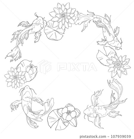 Japanese carp swims among water lilies. View from above. Line drawing of koi fish. Frame in the form of a Japanese pond. space for text on packaging, invitations, cards, websites, etc. vector image. Japanese carp swims among water lilies. View from above. Line drawing of koi fish. Frame in the form of a Japanese pond. space for text on packaging, invitations, cards, websites, etc. vector image. 107939039