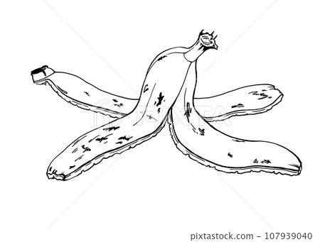 Banana peel. Linear drawing of ripe peel with spots. Vector image for printing on clothes, dishes, bags and other items. Bio Waste and food waste. Biodegradable products. Environmental protection. 107939040