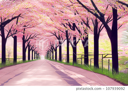 Illustration of a row of cherry blossom trees - Stock